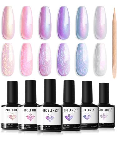 Modelones Gel Nail Polish 6 Colors Shimmer Pearl White Pink Purple Mermaid Nail Drawing Glitter Gel Polish Soak Off Led Summer Nail Gel Swirl Shell Thread Effect DIY Mani Gift with Dotting Pen Pearl Purple - Buy Online on SooperMarket.com
