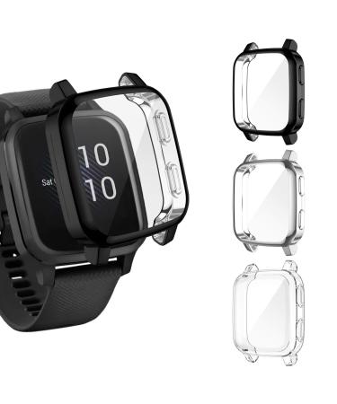 EZCO 3-Pack Screen Protector Case Compatible with Garmin Venu Sq / Venu Sq Music Full Coverage Soft TPU Case Protective Screen Cover Bumper Frame for Garmin Venu Sq GPS Smartwatch Black/Silver/Clear