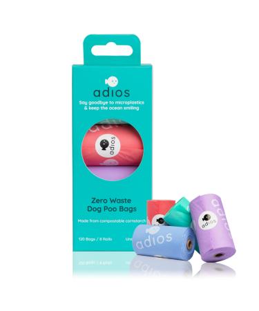 Adios Plastic Biodegradable Dog Poop Bags - Extra Thick Compostable Dog Poo Bags Made from Highest Rated EN13432 Certified Cornstarch | Leak Proof Dog Waste Bags in Rainbow Colour | 8 Rolls 120 Bags Rainbow 15 count (Pack of 8)