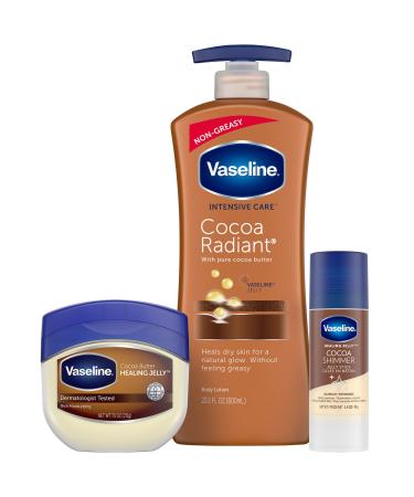 Vaseline Intensive Care Cocoa Radiant Lotion, 20.3 oz Bundled with Moisturizing Healing Jelly Cocoa Butter, 7.5 oz and Cocoa Shimmer Jelly Stick, 1.4 oz, Moisturized Skin with Light Cocoa Butter Scent