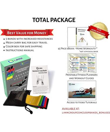 Limm Resistance Loop Exercise Bands - Set of 5 with Instruction Guide & Carry Bag - Latex Stretch Bands for Home Workout & Physical Therapy - Multicolor Set for Women and Men - Buy Online on SooperMarket.com