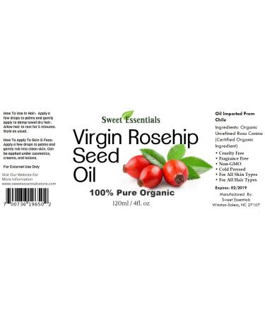 Organic Unrefined Virgin Rosehip Oil 4oz | 100% Pure Cold-Pressed Oil for Face & Skin | Heals Dry Skin Fine Lines & Acne Scars | Imported from Chile - Buy Online on SooperMarket.com