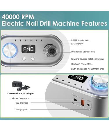 JOEOEN Electric Nail Drill Machine 40000RPM - Professional Efile Kit for Acrylic and Gel Nails - Manicure Pedicure Polishing Tool - Gray - Buy Online on SooperMarket.com