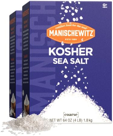 Manischewitz Natural Bulk Kosher Salt 4lb (2 Pack) 100% Coarse Sea Salt from Sicily Italy | Iodine Free | No Additives or Fillers | The Perfect Salt Grinder Refill | 25% more than 3lb Kosher Salt Box