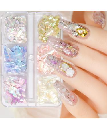 Irregular Seashell Slices Nail Supplies Colorful Shell Nail Art Slices 6 Grids 3D Nail Art Flakes for UV Gel Manicure Decoration DIY Crafts Nail Sequins