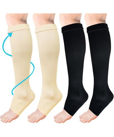 ACWOO Compression Stockings for Women & Men - 2 Pairs of Medical Support Socks (15-20 mmHg) - Open Toe Black & Beige Thrombosis Socks for Running Sports Flight & Cycling - Buy Online on SooperMarket.com
