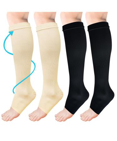 ACWOO compression stockings for women men 2 pairs of support stockings Medical compression socks with 15-20 mmHg black thrombosis socks open toe compression socks for running sports flight cycling 2 pairs -unit size and beige