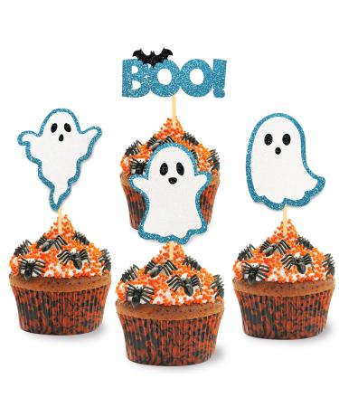 24 x Sparkly Halloween Cupcake Topper Halloween Cake Decoration Halloween Ghost Cupcake Toppers for Halloween Cake Decoration Halloween Party Accessories (Blue)