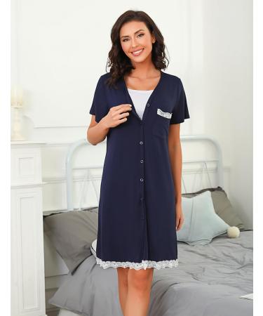 Uniexcosm Maternity Nursing Nightdress - Short Sleeve Button Down Nightgown in Dark Blue Stripe | Soft and Comfortable Maternity Pyjamas and Nightshirt for Women - Buy Online on SooperMarket.com