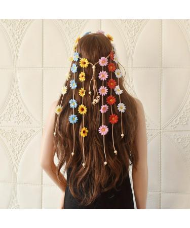 RUIENGCOMM Sunflower Headpiece Flower Tassel Headpiece Flower Headband Tassel Headpiece Bohemian Hair Band Adjustable Tassel Hair Wreath Flowers Hair Bands Girls (Colourful)