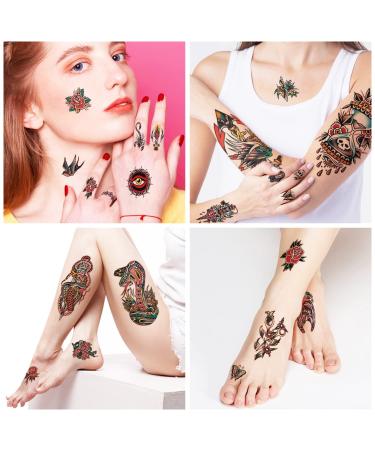 Classic Sailor Jerry Style Temporary Tattoo Sleeves - 55 Old School Stickers for Adults, Kids, Men, Women - American Traditional Flower Design - Buy Online on SooperMarket.com