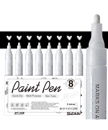 White Paint Pen for Art - 8Pack Acrylic White Paint Marker for Rock Painting Stone Wood Canvas Glass Metal Metallic Ceramic Tire Graffiti Paper Drawing Highlight Water-Based Paint Sets