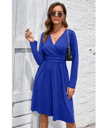 OUGES Women's Spring Casual Midi Dress | Long Sleeve V-Neck Floral Wrap Dress with Pockets | Blue - Buy Online on SooperMarket.com