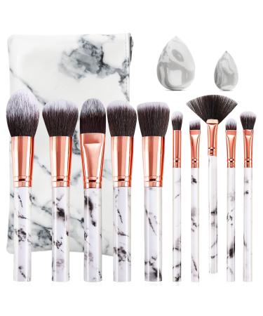 HEYMKGO Make Up Brushes 10 Piece Brush Set Makeup with Makeup Sponge and PU Leather Brush Bag Makeup Brush Set Kabuki Makeup Brushes Foundation Blending Cosmetic Brush Makeup Kit (Marble White)
