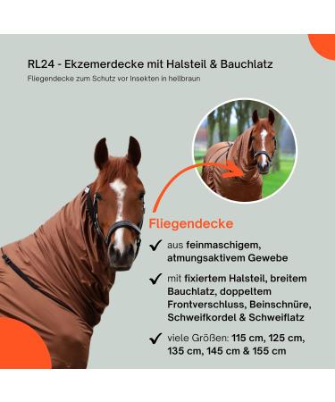 RL24 Eczema Ceiling for Horses | Light Brown | Protective Flying Sheet with Neck & Abdomen | Fine-Meshed Double Closure & Leg Cords | 115cm - Buy Online on SooperMarket.com