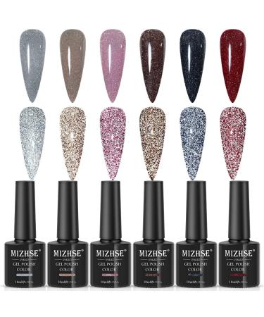 MIZHSE Reflective Glitter Gel Nail Polish, Shimmery Glitter Gel Polish Set, Sparkly Shiny Gel Nail Art Varnish Manicure Kit, Soak Off LED Lamp, for Beginners DIY at Home (Reflective Polish Set)