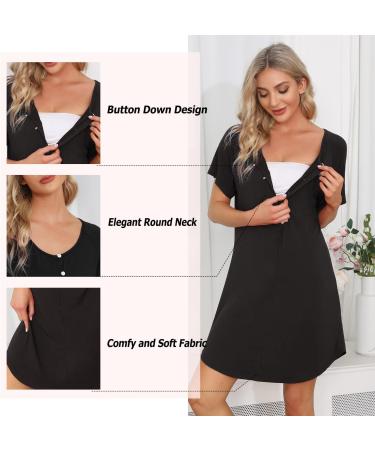 Sykooria Women's Maternity Nightdress - Black S | Nursing Nightgown with Button Down Front, V Neck, and Short Sleeves | Soft and Comfortable Sleep Shirt for Pregnant Women - Buy Online on SooperMarket.com
