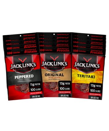 Jack Link’s Beef Jerky Variety Pack – Includes Original Teriyaki and Peppered Beef Jerky Great for Lunch Boxes Good Source of Protein – Pack of 15 1.25 Oz Bags - 96% Fat Free No Added MSG