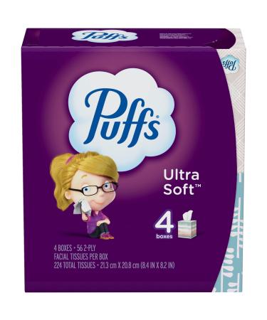 Puffs Ultra-Soft 2-Ply Facial Tissues, White, 56 Tissues Per Cube, Pack Of 4 Cubes