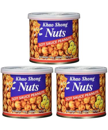Khao Shong peanuts with soy sauce crisp peanuts covered with spicy soy sauce crispy nuts salty snack for on the go (1 x 140 g can) (pack with 3) peanuts with soy sauce 140 g (3 Pack)