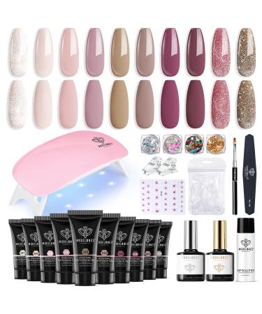 Modelones Poly Nail Extension Gel Kit 10 Colors with 6W Nail Lamp Nude Poly Nail Gel Kit Gentle Colors with Basic Poly Nail Art Accessories Tools French Manicure Set for Beginner Starter Glitter Brown