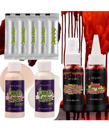Liquid Latex and Fake Blood SFX Makeup Kit Liquid Latex White & Flesh Bright Blood Spray Dark Dripping Stage Blood Coagulated Blood Gel Halloween Monster Zombie Makeup for Burn Scar Wound Wrinkle