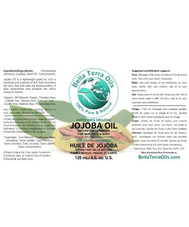 Bella Terra Oils Jojoba Oil 4 oz - 100% Pure Cold-Pressed Organic Moisturizer for Skin & Hair - Buy Online on SooperMarket.com