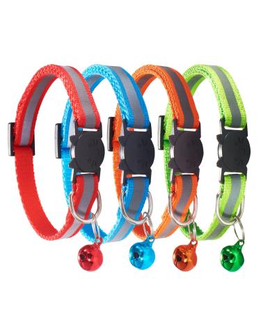 D-BUY Cat Collars, Cat Collars with Bell, Breakaway Cat Collars, Reflective Cat Collars, Nylon Cat Collars with Bell, Collars for Cats, Collars for Puppies Red + Green + Orange + Sky Blue