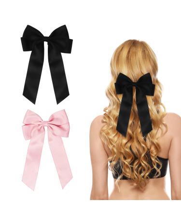 2 Pack Bow Hair Clips Black Hair Bows for Women Girls Large Bow Clips Hair Barrette Hair Accessories(Black Pink)