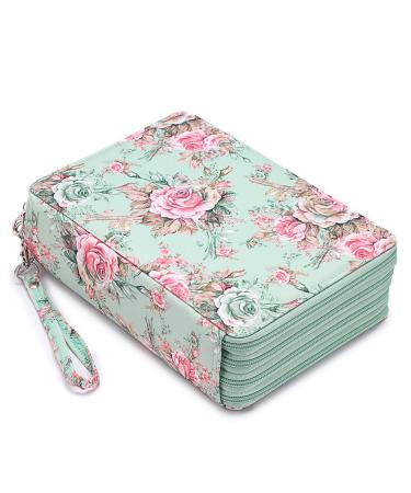 BTSKY Colored Pencil Case- 200 Slots Pencil Holder Pen Bag Large Capacity Pencil Organizer with Handle Strap Handy Colored Pencil Box with Printing Pattern Rose Green Rose