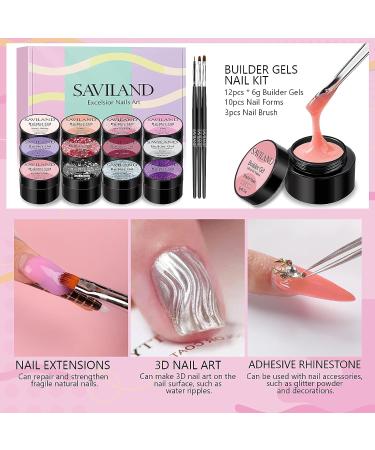 Saviland Builder Nail Gel Kit - 12 Colors Extension Glitter Hard Gel Set for Nail Strengthening and Art - Includes 3 Nail Brushes and Forms - A-Glitter Series - Buy Online on SooperMarket.com
