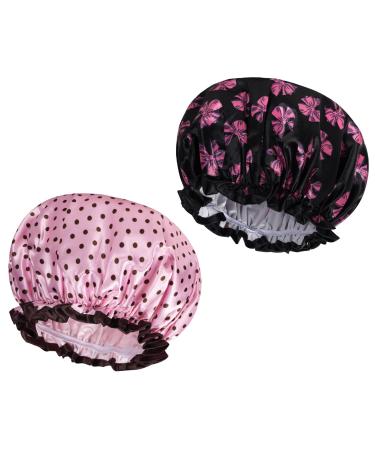 AOOWU Shower Caps 2 Pack Waterproof Bath Caps Large Reusable Shower Hats Elastic Band Double Layers Hair Bath Caps with Soft Ruffled Edge for Women Girls Ladies Spa Salon Home Use 2 Pcs Bowknot+Dots