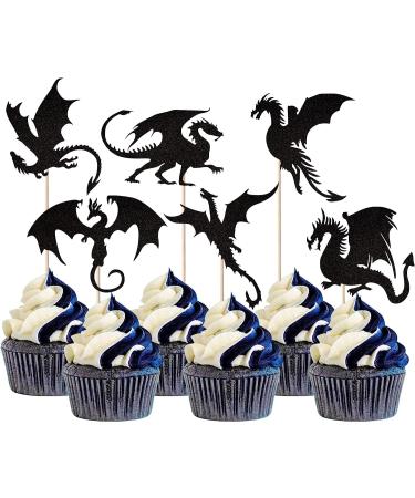 24 pieces kite tortendeco glitter fantasy birthday cake topper for flying dragon theme baby shower children birthday party cake decorations accessories black pattern 13-black dragon