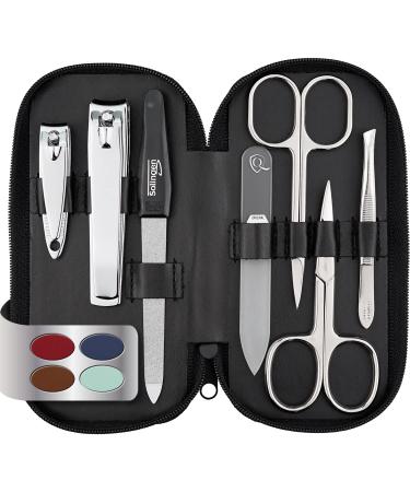 Marqus manicure set ladies and gentlemen Solingen made in germany 7 parts with patented glass files for hand and foot care - real leather etui handy and soft 1. black