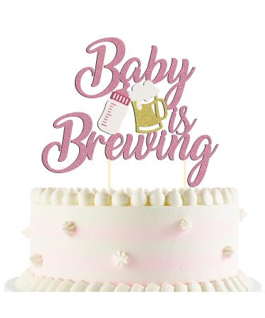 1 Pack Glitter Baby is Brewing Cake Topper for Beer Themed Baby Shower Decoration Beer Baby Gender Reveal Decoration (Pink baby)