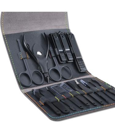 Leipple Manicure Set Professional Pedicure Kit Nail Care Tools - 16 in 1 Stainless Steel Nail Clippers Tools - Grooming Kit with Luxurious Leather Travel Case (Black)