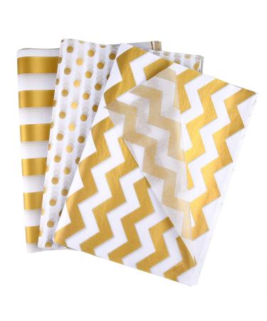 MIAHART 60 Pcs Gold White Tissue Paper Bulk 3 Style Decorative Metallic Wrapping Paper for Gift Bags Birthday Christmas Party Decoration  DIY Arts Crafts Gold Dot Wave Design Patterned(60 Sheet)