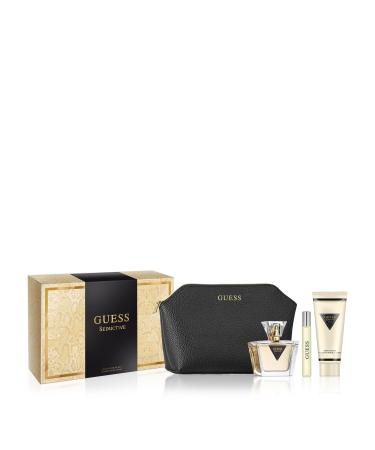 GUESS Seductive Women/Femme Eau de Toilette 4 Piece Gift Set - Perfume Spray 2.5 Fl. Oz. Travel Spray 0.5 Fl. Oz. Body Lotion 3.4 Fl. Oz. & Pouch 1.6 Fl Oz (Pack of 4)