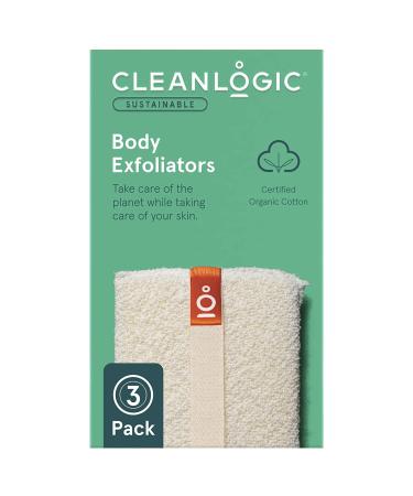 Cleanlogic Organic Cotton Exfoliating Body Scrubber Reusable Exfoliator Tool for Smooth and Softer Skin Daily Skincare Routine Natural 3 Count Value Pack