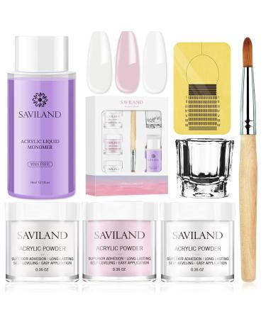 Saviland Acrylic Powder and Liquid Set - Acrylic Nail Kit Professional Monomer Polymer, Acrylic Nail Brush Nail Form, 3 Colors Acrylic Nail Powder for Acrylic Nails Extension Beginner Kit Clear&White&Pink