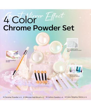 Modelones Chrome Nail Powder Set - White Pearl Effect 4Pcs Powder, Silicone Brush, Cotton Swabs & Color Display Sticks - Buy Online on SooperMarket.com