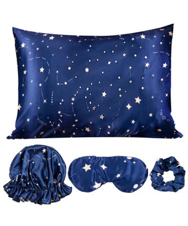 Whaline 4Pcs Body Silk Satin Pillowcase for Hair and Skin with Eye Mask Hair Scrunchie Hair Cap Starry Dark Blue Sky Theme Hypoallergenic Soft and Breathable Pillow Soft Cover Sleep Set