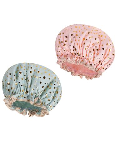 AOOWU Shower Caps 2 Pack Waterproof Bath Caps Large Reusable Shower Hats Elastic Band Double Layers Hair Bath Caps with Soft Ruffled Edge for Women Girls Ladies Spa Salon Home Use 2 Pcs Pink dots + Green dots