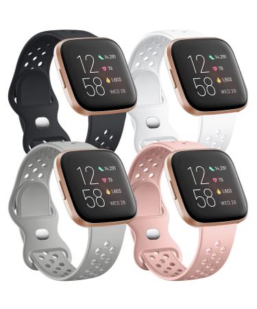 4 Pack Witzon Compatible with Fitbit Versa / Versa Lite / Versa 2 Band, Breathable Replacement Wristbands Soft Silicone Sport Bands for Versa 2 Smart Watch for Women Men, Small, Black/White/Gray/Pink Small Black/White/Gray…