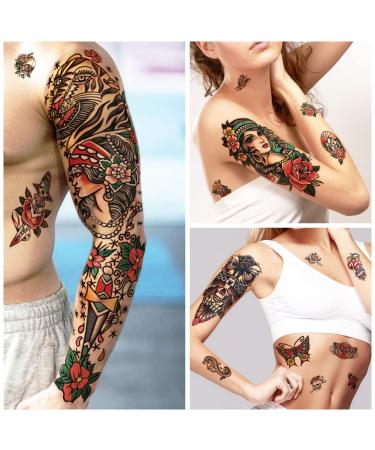 Classic Sailor Jerry Style Temporary Tattoo Sleeves - 55 Old School Stickers for Adults, Kids, Men, Women - American Traditional Flower Design - Buy Online on SooperMarket.com