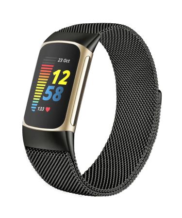 Surundo compatible with Fitbit Charge 6/Fitbit Charge 5 bracelet - magnetic closure mesh loop adjustable metal tapes for Fitbit Charge 6/Fitbit Charge 5 Advanced Fitness/Health Tracker Black