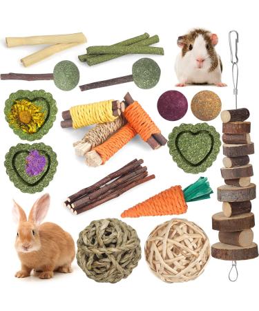 YIXUND Rabbit Toys Guinea Pig Toys Hamster Toys Bunny Toys 18Pcs Natural Timothy Hay Sticks Apple Wood Sticks Chinchilla Toys for Teeth Care Handmade