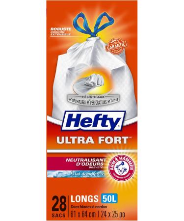 Hefty Garbage Bags Ultra Strong Tall 50 Litres White Kitchen Drawstring Arm & Hammer odour neutralizer 28 Bags - Buy Online on SooperMarket.com