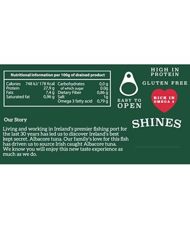 Shines Wild Irish Albacore Tinned Tuna in Olive Oil - Low Carb & High Protein Canned Tuna - Ideal for Keto Diet - Hand Filleted - High in Omega 3 - Gluten Free - 12 x 111g Cans - Buy Online on SooperMarket.com