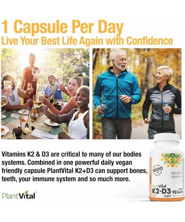 PlantVital High-Potency Vegan Vitamin D3 + K2 - (1000IU / 25 mcg + 120 mcg) for Bones Teeth Good Health and Immune System - Patented MK7 Form - K2 D3 vitamin - 8 Months Supply - 240 Capsules. 240 count (Pack of 1) - Buy Online on SooperMarket.com
